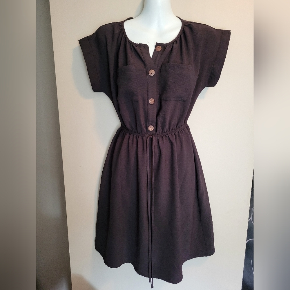 Monteau Short-Sleeve Button-Front Drawstring Midi Dress - Brown